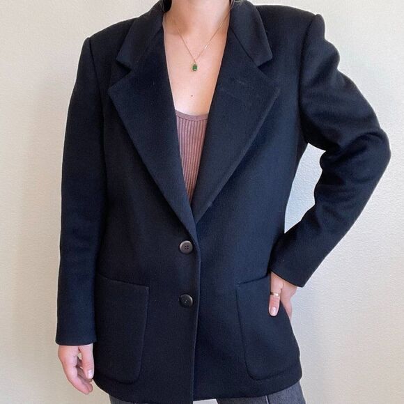Vintage 80s Womens 100% Wool Black Oversized Sport Coat Blazer Jacket Sz L - Picture 1 of 10